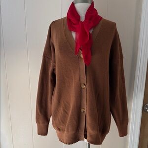 Amazon Brown Cardigan with Red Scarf